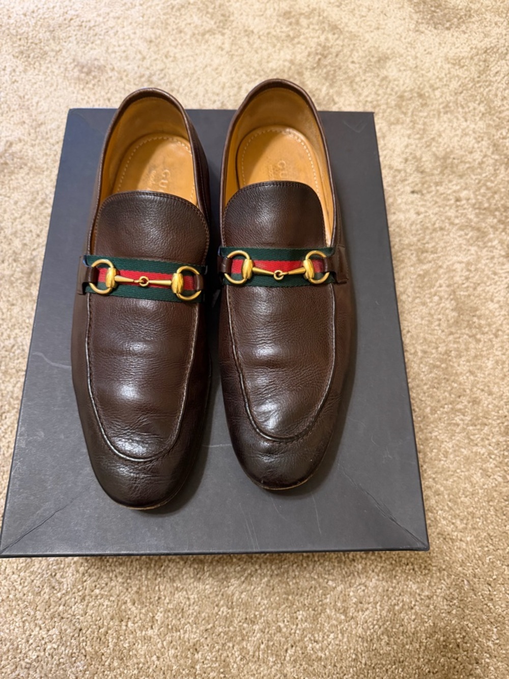 Gucci Brown Leather Horsebit Loafers with Green-Red Web